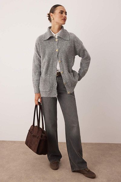 Trendyol Modest Anthracite Gold Button Detailed Boucle Knitwear Cardigan Tctaw26Th00001