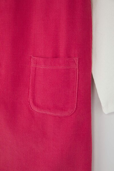 TRENDYOLKIDS Dusty Rose-Ecru 2-Piece 100% Cotton Velvet Plain Square Neck A-Line Girl's Woven Dress Tkdaw26El00005