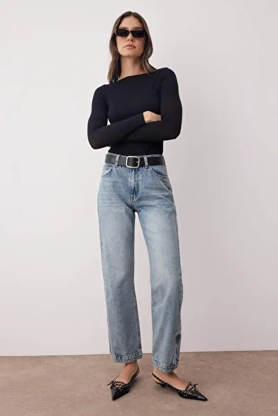 Trendyol Collection Blugi drepti noi, cu talie normală, cu detaliu de fermoar pe picioare, albastru, mai durabil, TWOAW26JE00038