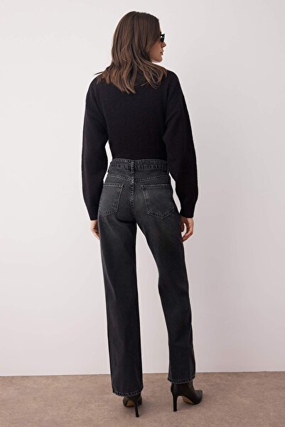 Trendyol Collection Anthrazitfarbene Jeans mit hoher Taille und weitem Bein TWOAW26JE00083