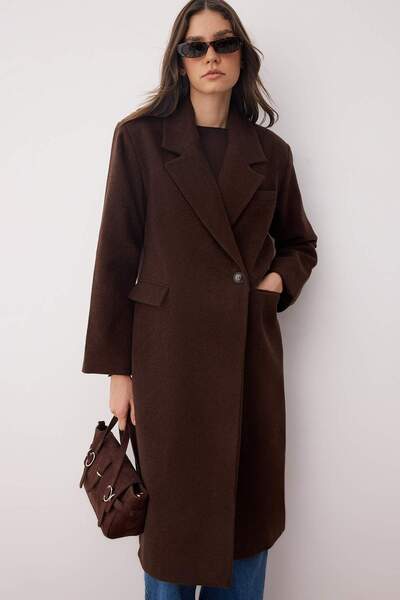 Trendyol Collection Brown Mono Closure Oversize Long Cashmere Coat Twoaw26Kb00032