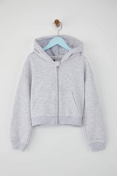TRENDYOLKIDS Gray Melange Unisex Children's 100% Cotton Solid Hooded Regular Knitted Cardigan Tkdaw26Hi00001