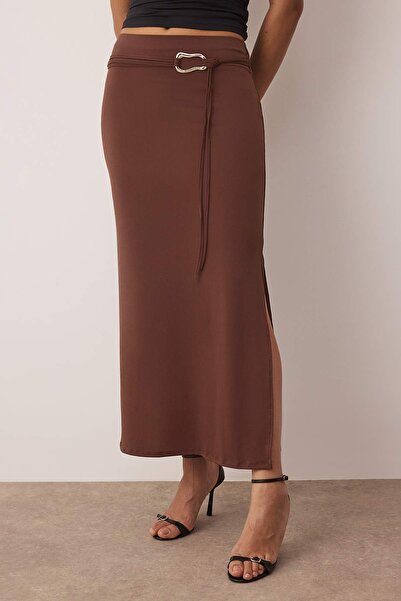 Trendyol Collection Brown Belt Detailed Slit Maxi Knitted Skirt Twoss25Et00215