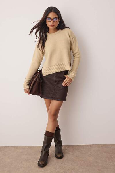 Trendyol Collection Stone Wool Soft Textured Slit Knitwear Sweater Twoaw26Kz00223