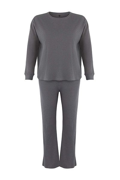 Trendyol Curve Dark Gray Melange Thessaloniki Knitted Plus Size Pajama Set Tbbaw23Ai00002