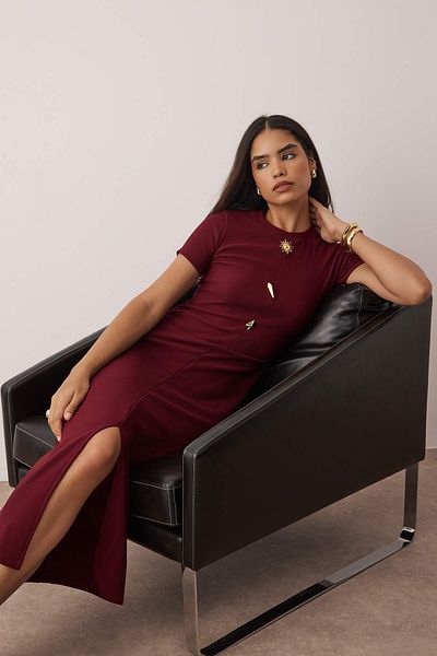 Trendyol Collection Burgundy Button Detail Ottoman Body Fitting Stand Collar Straight Midi Knitted Dress Twoaw26El00197