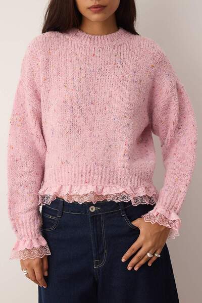 Trendyol Collection Pink Nopeli Wide Fit Lace Garnish Knitwear Sweater Twoaw26Kz00058
