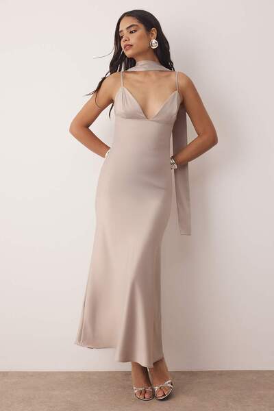 Trendyol Collection Gray Shawl Detail Satin Woven Maxi Evening Dress Night Homecoming Dress Tprss25El00312