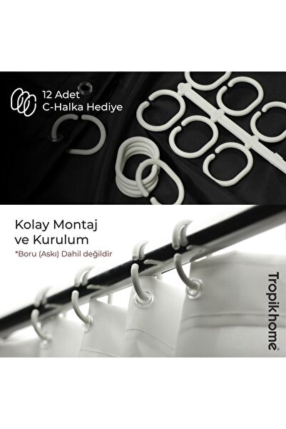 Tropikhome Duş Perdesi Seti, 12 Adet C Halka Hediyeli Banyo Perdesi-banyo Duş Perdeleri-banyo Aksesuarları