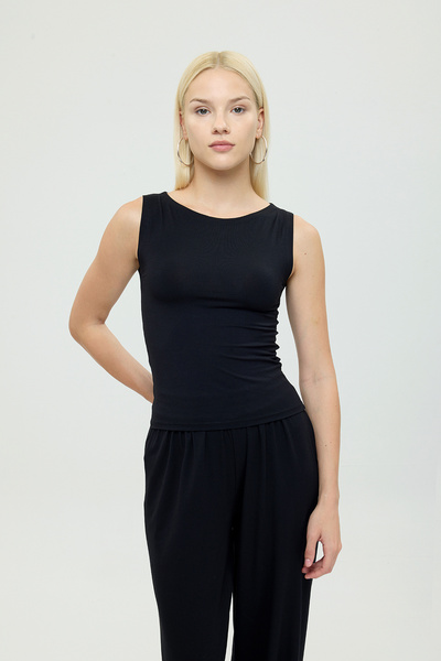 SHEISMONO Ultra Soft Boat Neck Sleeveless Blouse Black