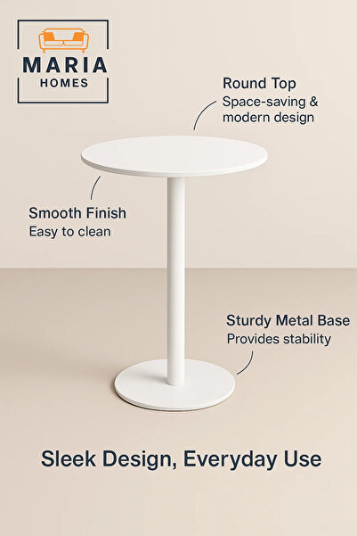 MARIA HOMES طاولة مقهى معدنية دائرية أنيقة باللون الأبيض - تصميم بسيط