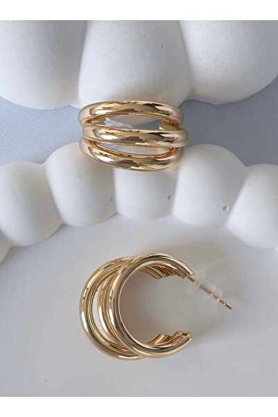 Silya Bijuteri Üç Sıra Bombeli Kapsül Küpe – Altın Renk