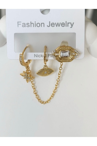 Silya Bijuteri Çelik Zincirli Küpe Seti – Taşlı Yıldız, Nazar Gözü ve Dikdörtgen Taş Detaylı