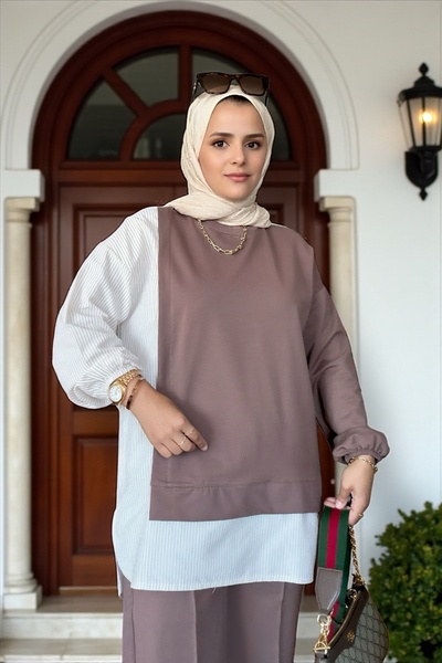 Aselim Hijap Moda Plus Size Shirt Double Set - Coffee