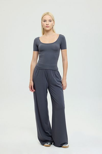 SHEISMONO Ultra Soft Oval Neck Short Sleeve Blouse Smoked