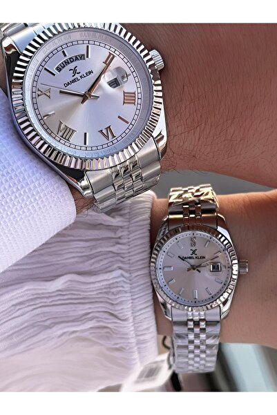 Daniel Klein 30 Mt Water Resistant Silver Calendar Paddy Band Custom Wristwatch for Couples