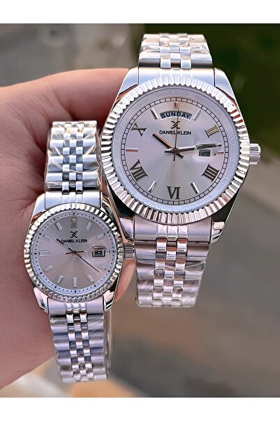 Daniel Klein 30 Mt Water Resistant Silver Calendar Paddy Band Custom Wristwatch for Couples