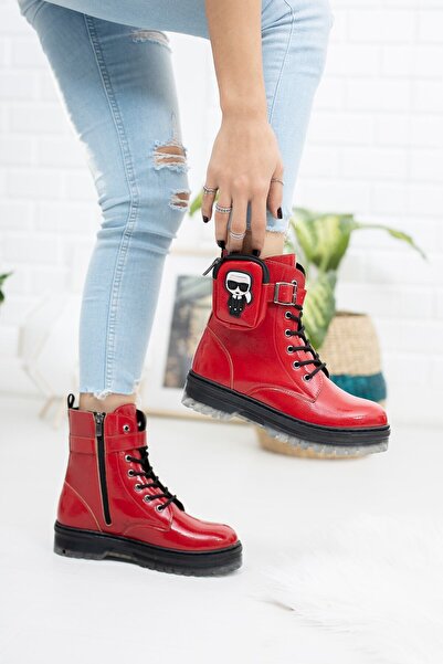 RANA SHOES Kırmızı Kırışık Rugan Fermuarlı Cep Detaylı Kız Çocuk Botu