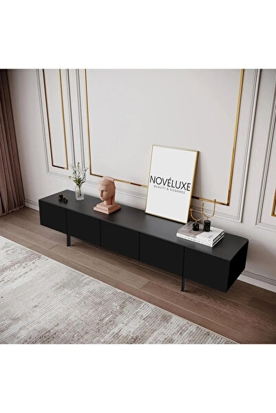Noveluxe Pure Black 200 CM Siyah TV Ünitesi / Sehpası - MDF, Duvara Monte ve Ayaklı, Düz 5 Kapaklı, Dolaplı