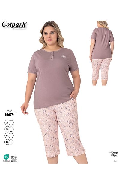 Cotpark Women's Plus Size Viscose Elastane Fabric Short Sleeve Capri Suit 14679