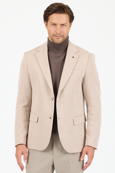 Frappoli Yumas Men's Beige Stretching Lycra Cotton Blended Knitted Fabric Sports Blazer Jacket