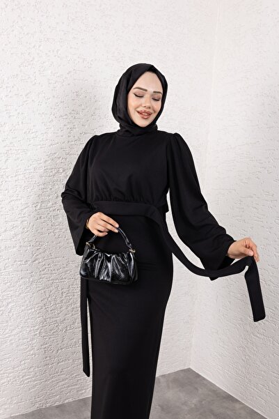 Lamia Giyim فستان حجاب بحزام بأكمام واسعة باللون الأسود
