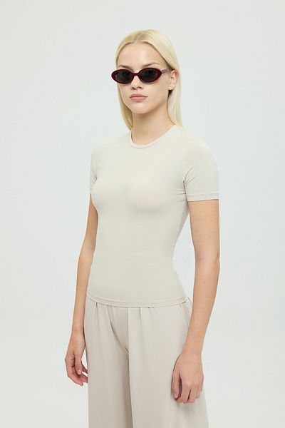 SHEISMONO Ultra Soft Beige Round Neck Short Sleeve Blouse
