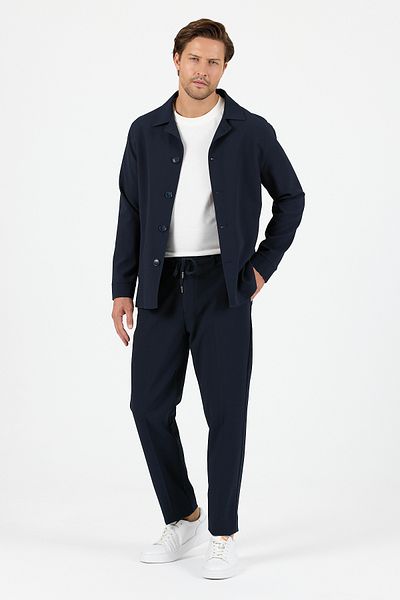 Frappoli Lucos Men's Navy Blue Lycra Stretch Fabric 2-Piece Overshirt Jacket + Jogger Elastic Pants