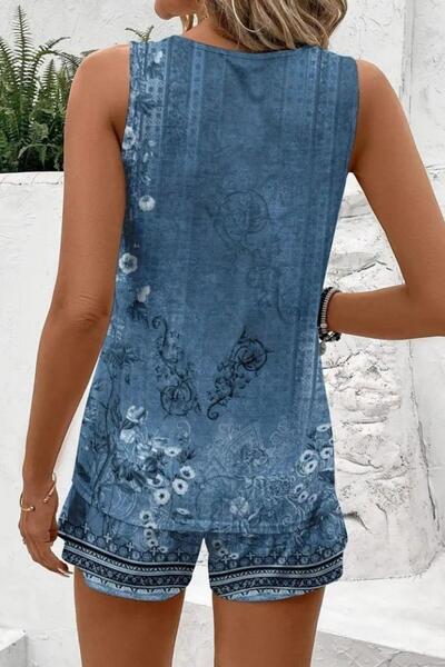 Mossta Sleeveless Floral Printed Single Jersey Blouse Shorts Two Piece Set - Blue