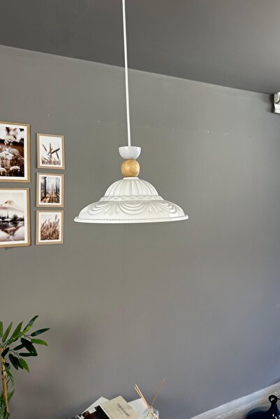 Bamyum Ralivo Beyaz Metal Avize Tekli Ahşap Şapka Başlık Mutfak Modern Dekoratif Sarkıt Aydınlatma