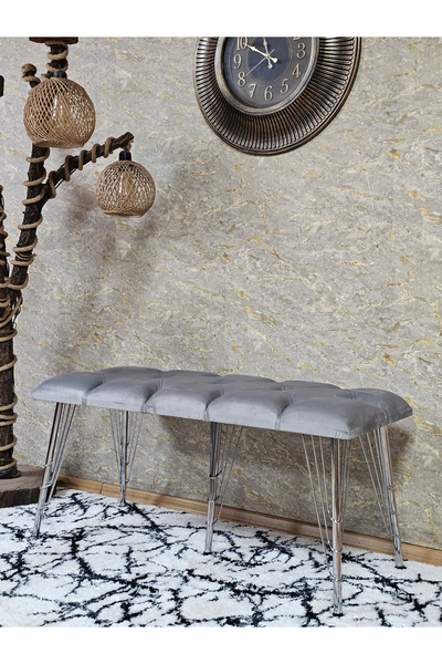 ZAFİR Metal Krom Tel Ayaklı 100 cm Puf Bench - Puf - Bench - Oturak - Mutfak Oturağı - Antre Oturağı