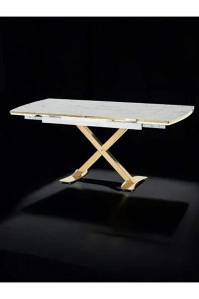 DENGEMA Diamond Açılır Kapanır Masa – Beyaz Mermer, Gold Ayak, 80×120/180 cm, 4–6 Kişilik (Sandalyesiz)