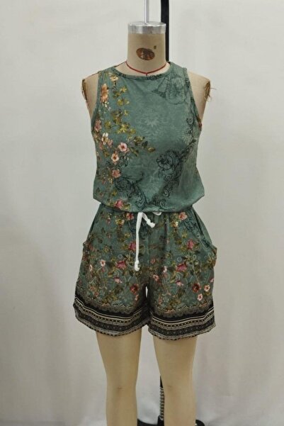 Mossta Sleeveless Floral Printed Single Jersey Blouse Shorts Two Piece Set - Green