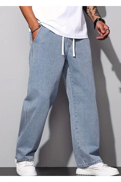 moda camiya Elastic Waist Straight Leg Relaxed Fit Men's Baggy Jean Trousers