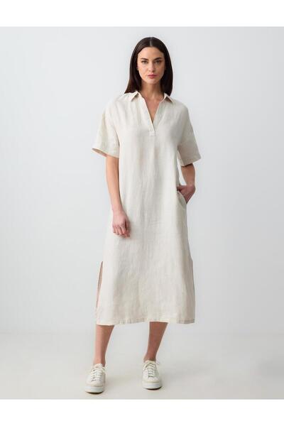 Jimmy Key Stone 100% Linen Relaxed Cut Shirt Collar Short Sleeve Midi Dress