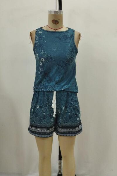 Mossta Sleeveless Floral Printed Single Jersey Blouse Shorts Two Piece Set - Blue