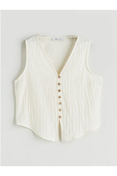 LC Waikiki Bluză bej cu decolteu în V texturat din muselină