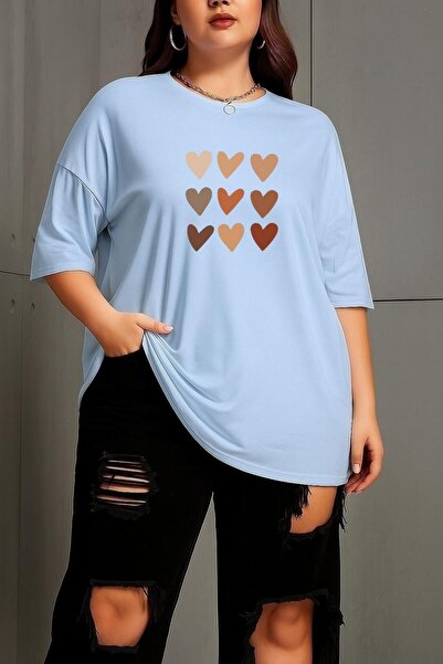 BENROMA Büyük Beden Sıralı Kalpler Baskılı Unisex Tişört