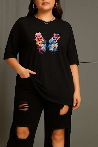 BENROMA Büyük Beden Kelebek Baskılı Unisex Tişört