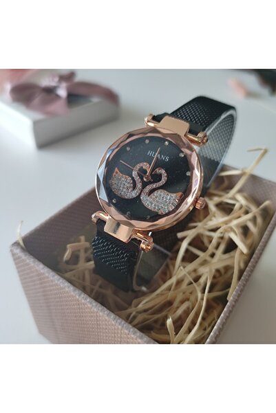 Airmag Ceas magnetic negru pentru femei cu lebede