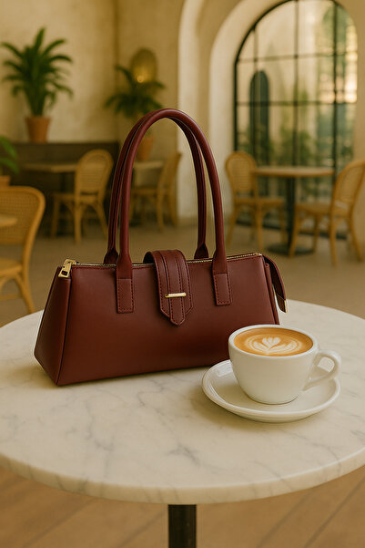 NOTHING Women's Gold Accessory Detailed Burgundy Hand and Shoulder Baguette Bag Raya