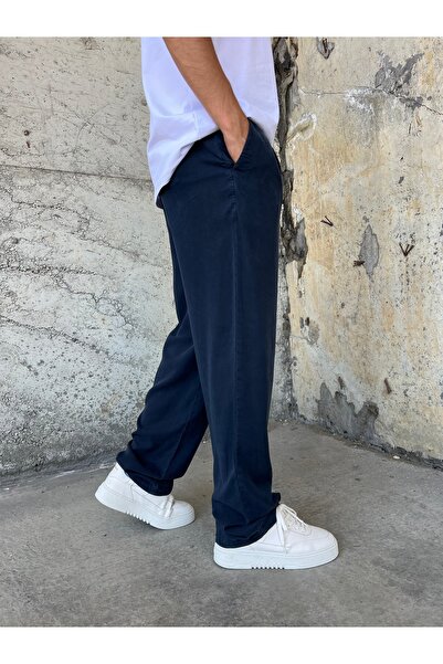 DİFRANSEL Men's Cotton Fabric Navy Blue Baggy Trousers