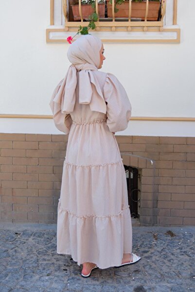 HARMONY GLOBAL Μπισκότα Sue ριγέ φόρεμα με πλισέ Seersucker Muslin Fabric Hijab 3025