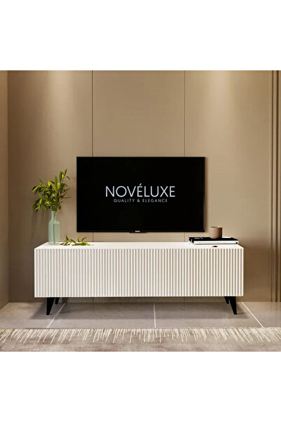 Noveluxe White Line Beyaz TV Ünitesi 120 CM - MDF, Çizgi Kapaklı, Duvara Mont...