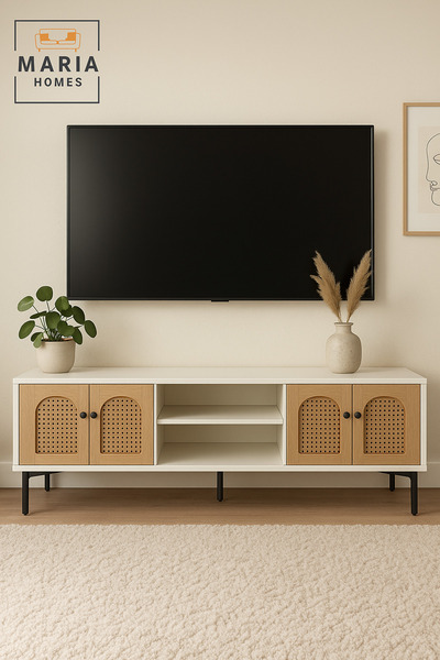 MARIA HOMES Modern Wooden TV Stand with Rattan Doors – Stylish 140×40×45 cm Functional Media Console