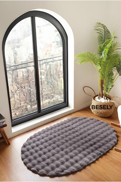 BESELY Koyu Gri Oval Bubble Yumuşak Kaymaz Özel Taban Tüylü Peluş Yıkanabilir...