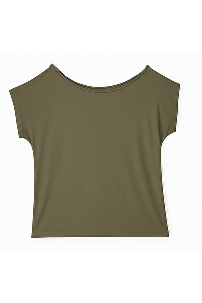 SİSTERS2HC Kadın Tek Omuz Dekolteli Kayık Yaka Viskon Kumaş HAKİ T-shirt