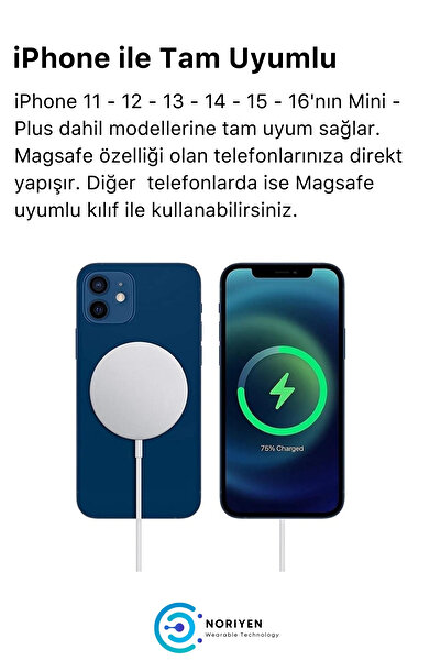 Noriyen iPhone 11 12 13 14 15 16 Magsafe Kablosuz Hızlı Şarj Apple Uyumlu Manyetik 15w Wireless Charger