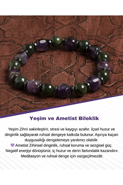 Saff Doğal Taş Unisex Sertifikalı Doğal Yeşim ve Ametist Bileklik – Huzur, De...