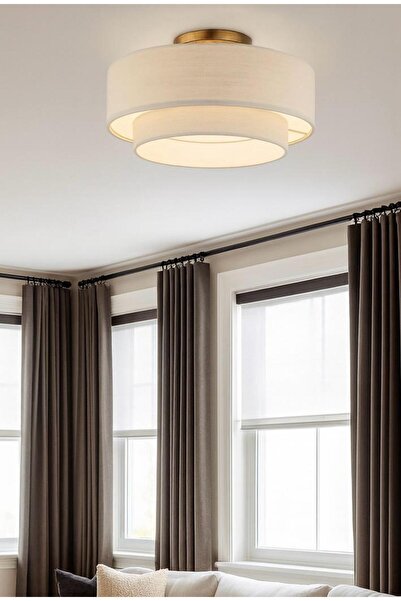 Fico Home Modern Sarkıt Avize Plafonyer Avize Çift Katlı Alp Beyazı Kumaşlı Sarkıt Avize